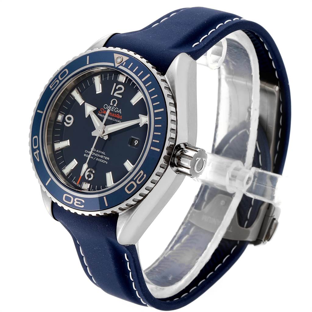 The Omega Planet Ocean 232.92.38.20.03.001 Titanium Blue Dial 232.92.38.20.03.001 Titanium Blue Dial model watch is shown at a three-quarter angle, highlighting the face, bezel, crown, and strap.