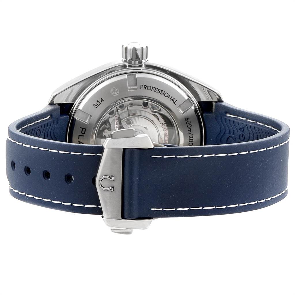 This image shows the back view of the Omega Planet Ocean 232.92.38.20.03.001 Titanium Blue Dial 232.92.38.20.03.001 Titanium Blue Dial watch, displaying its case back and blue strap with a clasp.