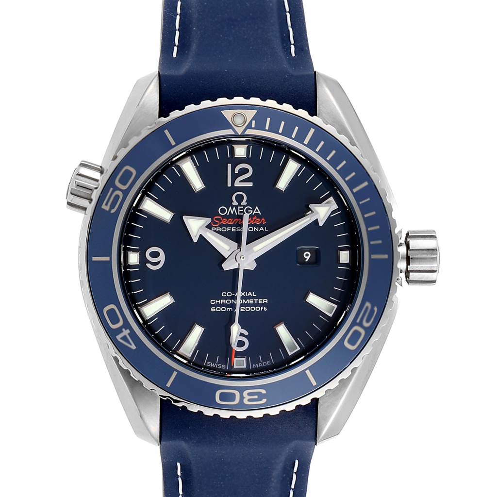 The Omega Planet Ocean 232.92.38.20.03.001 Titanium Blue Dial 232.92.38.20.03.001 Titanium Blue Dial watch is shown from a front-facing angle, highlighting the dial, hands, bezel, and part of the strap.