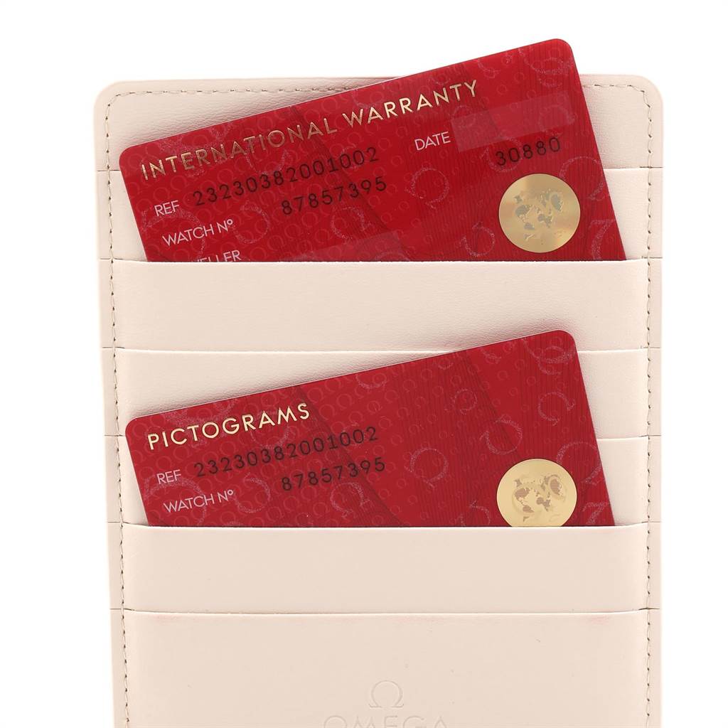 The image shows the international warranty and pictograms cards for the Omega Planet Ocean 232.30.38.20.01.002 Men
s Stainless Steel Black Dial 232.30.38.20.01.002 Men
s Stainless Steel Black Dial model placed in a cardholder.