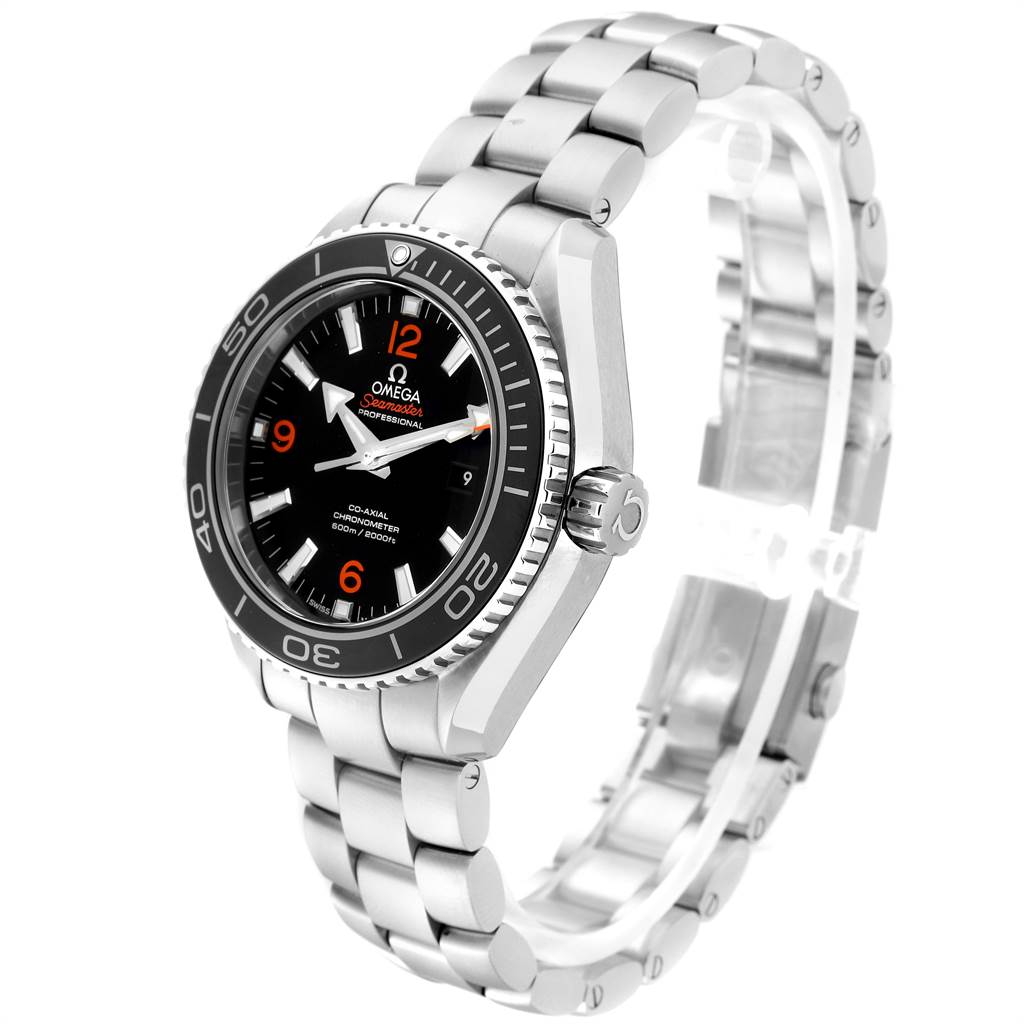 The Omega Planet Ocean 232.30.38.20.01.002 Men
s Stainless Steel Black Dial 232.30.38.20.01.002 Men
s Stainless Steel Black Dial watch is shown at a three-quarter angle, displaying the face, bezel, and bracelet.