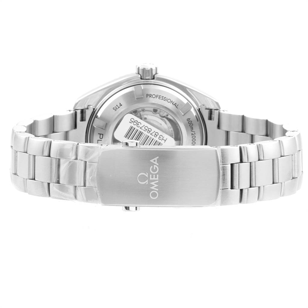 The image shows the back view of an Omega Planet Ocean 232.30.38.20.01.002 Men
s Stainless Steel Black Dial 232.30.38.20.01.002 Men
s Stainless Steel Black Dial watch, highlighting its bracelet and case back.