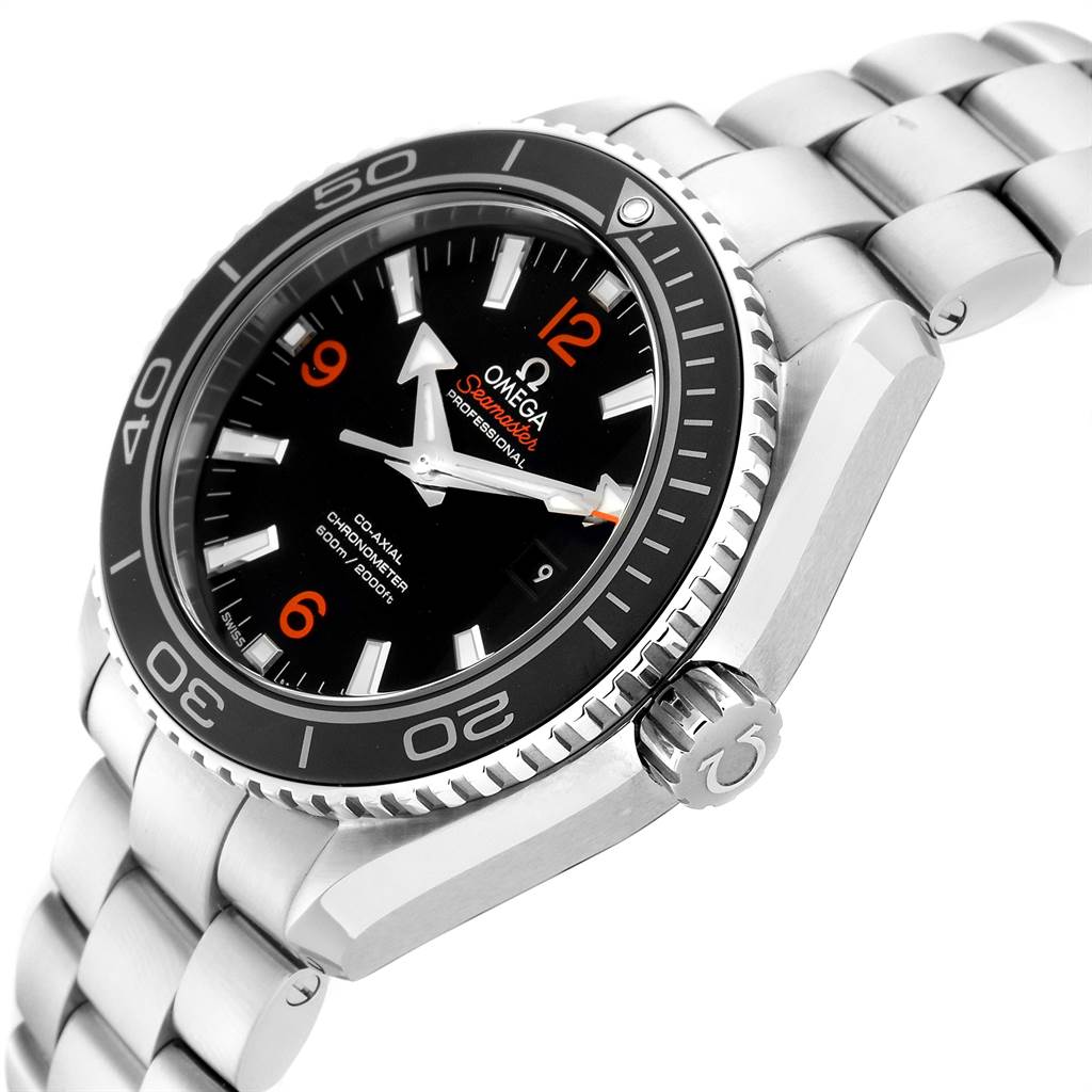 This image shows an Omega Planet Ocean 232.30.38.20.01.002 Men
s Stainless Steel Black Dial 232.30.38.20.01.002 Men
s Stainless Steel Black Dial watch from an angled side view, highlighting the face, bezel, and part of the bracelet.