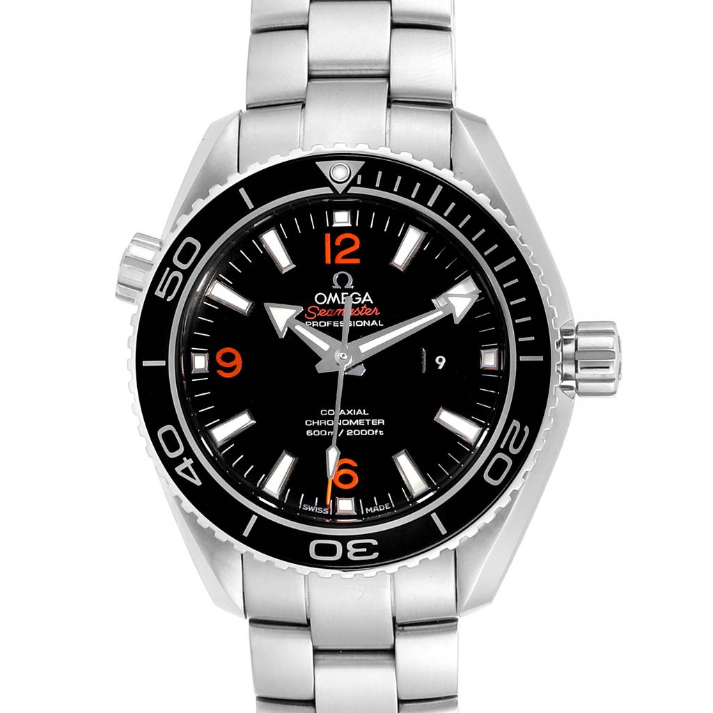 The Omega Planet Ocean 232.30.38.20.01.002 Men
s Stainless Steel Black Dial 232.30.38.20.01.002 Men
s Stainless Steel Black Dial watch is shown from a front angle, highlighting the dial, bezel, and metal bracelet.