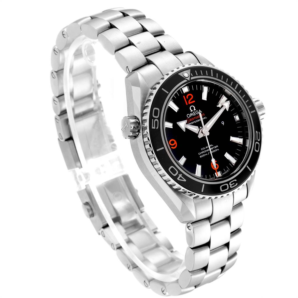 The Omega Planet Ocean 232.30.38.20.01.002 Men
s Stainless Steel Black Dial 232.30.38.20.01.002 Men
s Stainless Steel Black Dial watch is shown at a three-quarter angle, highlighting the face, bezel, crown, and stainless steel bracelet.