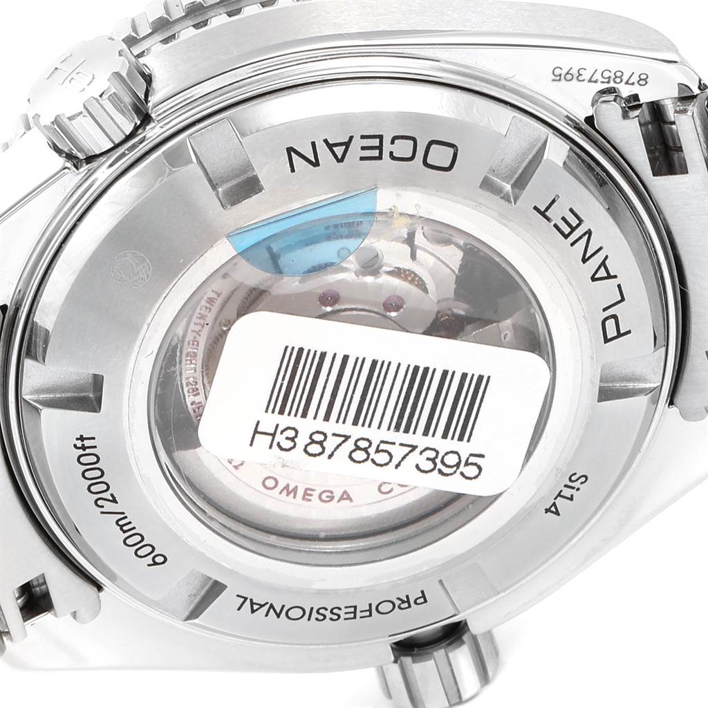 The image shows the back of the Omega Planet Ocean 232.30.38.20.01.002 Men
s Stainless Steel Black Dial 232.30.38.20.01.002 Men
s Stainless Steel Black Dial watch, highlighting the case back and serial numbers.