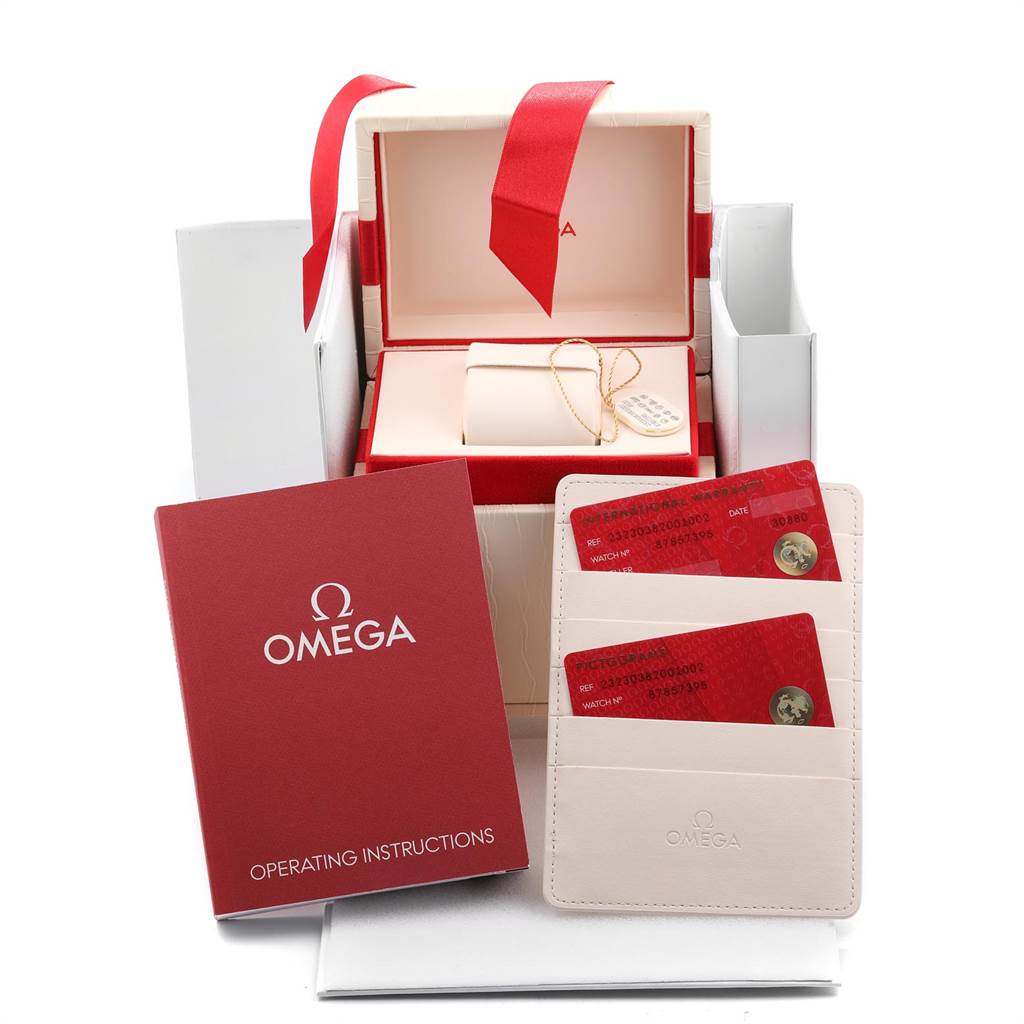 The image shows the box, operating instructions, and documentation for the Omega Planet Ocean 232.30.38.20.01.002 Men
s Stainless Steel Black Dial 232.30.38.20.01.002 Men
s Stainless Steel Black Dial model watch.