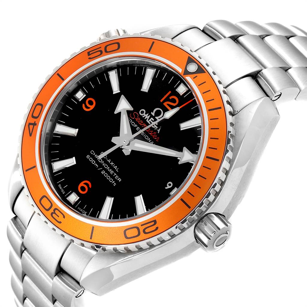 The Omega Planet Ocean 232.30.42.21.01.002 Men
s Stainless Steel Black Dial 232.30.42.21.01.002 Men
s Stainless Steel Black Dial watch is shown at a slight angle, highlighting the orange bezel, black dial, stainless steel case, and bracelet.