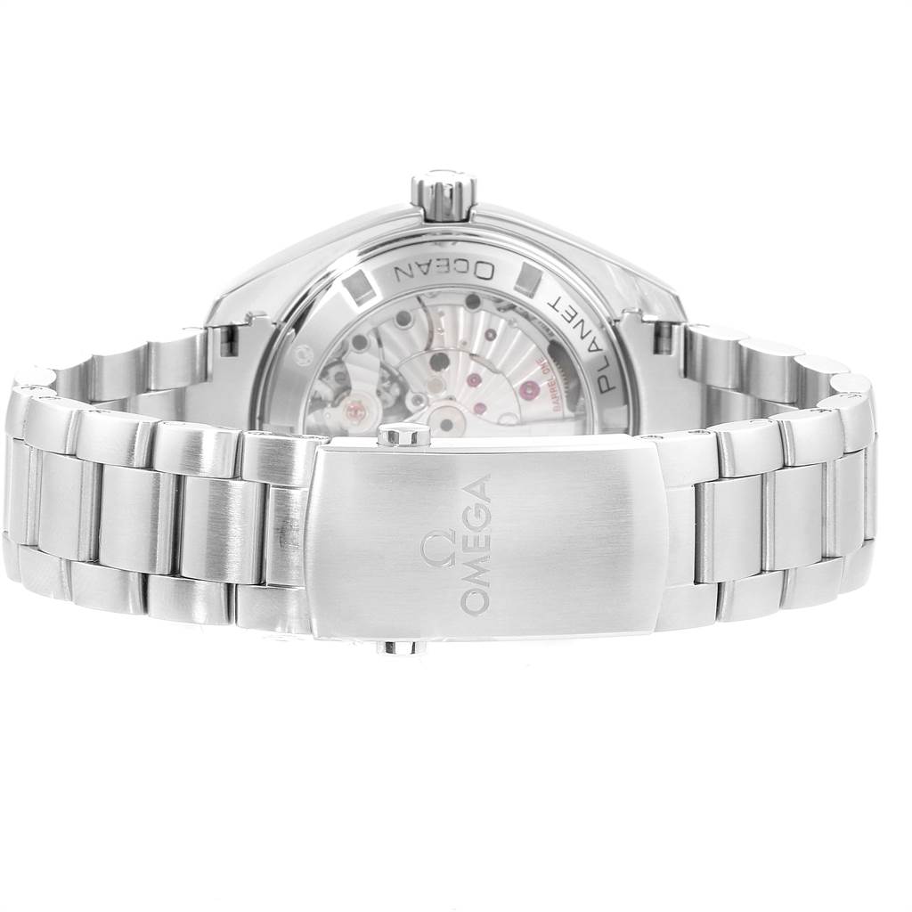 The image shows the back view of an Omega Planet Ocean 232.30.42.21.01.002 Men
s Stainless Steel Black Dial 232.30.42.21.01.002 Men
s Stainless Steel Black Dial watch, highlighting the case back and bracelet with clasp.