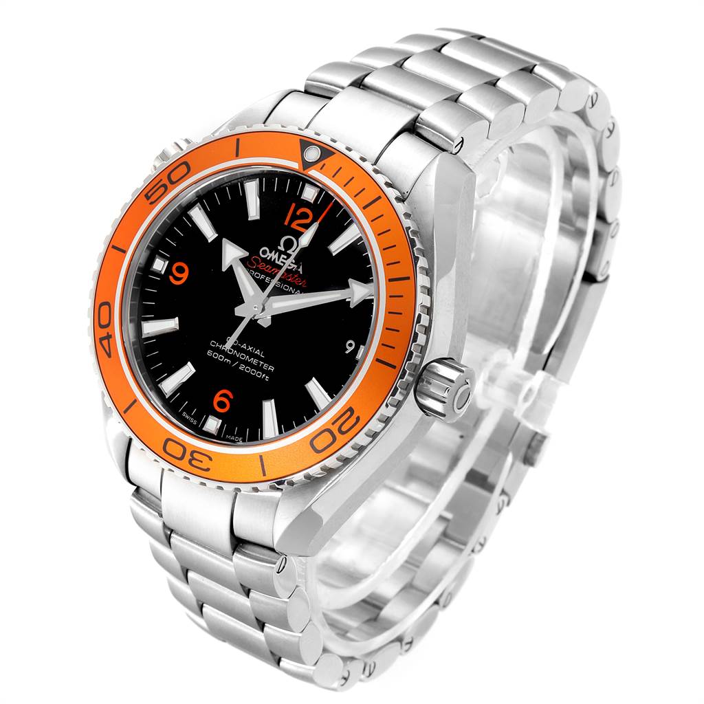 The image shows an Omega Planet Ocean 232.30.42.21.01.002 Men
s Stainless Steel Black Dial 232.30.42.21.01.002 Men
s Stainless Steel Black Dial watch at a front-side angle, highlighting its orange bezel, black dial, and stainless steel bracelet.