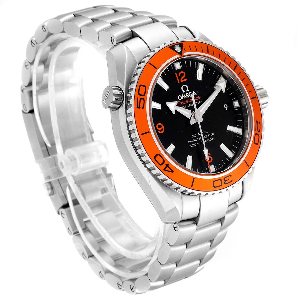 The image shows an angled view of the Omega Planet Ocean 232.30.42.21.01.002 Men
s Stainless Steel Black Dial 232.30.42.21.01.002 Men
s Stainless Steel Black Dial watch, highlighting the face, orange bezel, crown, and metal bracelet.