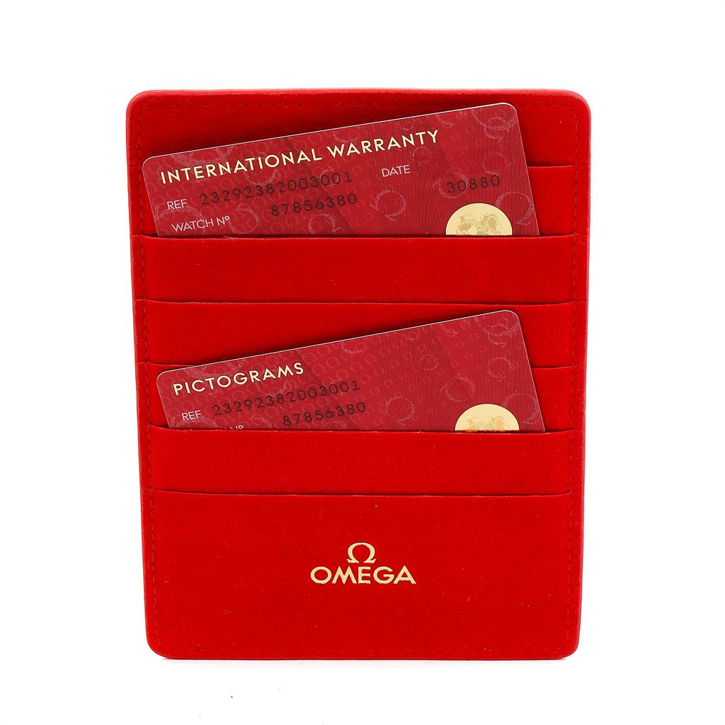 The image shows a red Omega cardholder with international warranty and pictograms cards for the Planet Ocean model.