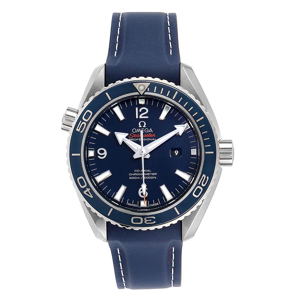 The image shows a front view of an Omega Planet Ocean 232.92.38.20.03.001 Titanium Blue Dial 232.92.38.20.03.001 Titanium Blue Dial watch with a blue dial, bezel, and strap with white stitching.