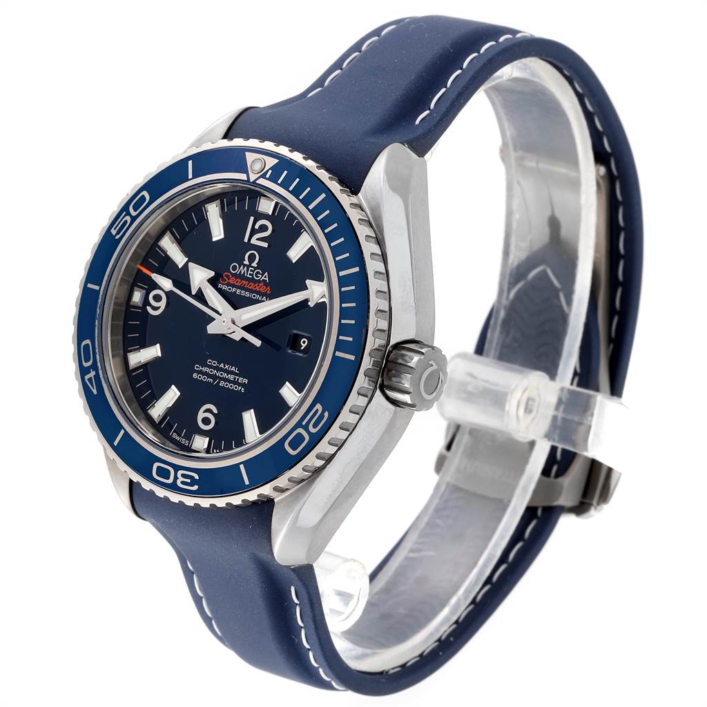The Omega Planet Ocean 232.92.38.20.03.001 Titanium Blue Dial 232.92.38.20.03.001 Titanium Blue Dial watch is shown at a three-quarter angle, highlighting the dial, bezel, crown, and strap.