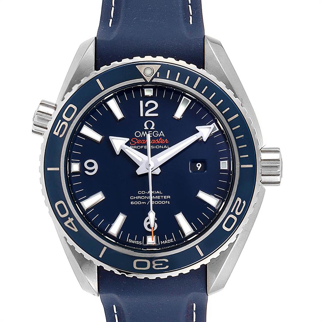 This image shows a front view of the Omega Planet Ocean 232.92.38.20.03.001 Titanium Blue Dial 232.92.38.20.03.001 Titanium Blue Dial model watch, highlighting the watch face, bezel, and strap.