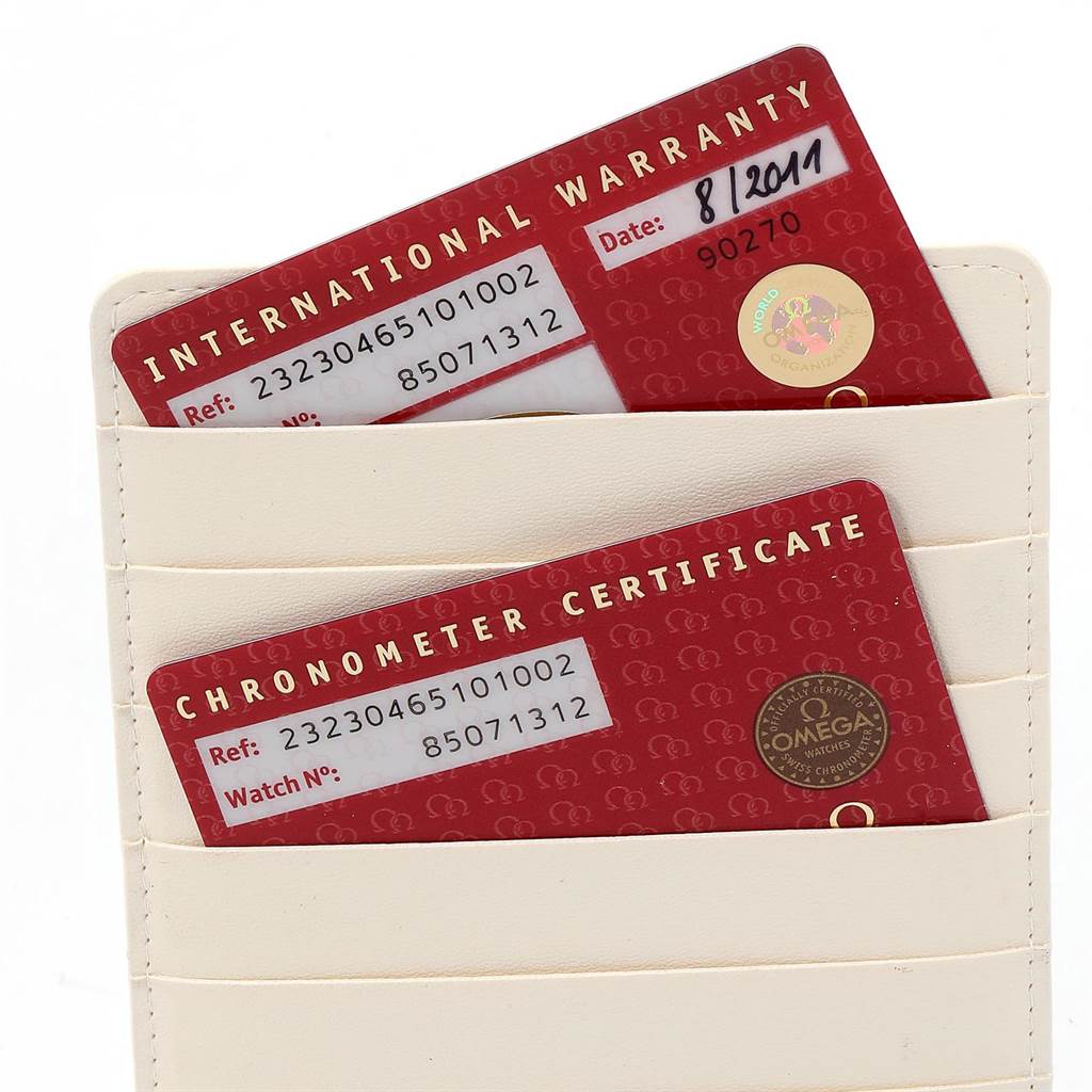 This image shows the International Warranty and Chronometer Certificate cards for the Omega Planet Ocean 232.30.46.51.01.002 Men
s Stainless Steel Black Dial 232.30.46.51.01.002 Men
s Stainless Steel Black Dial model.