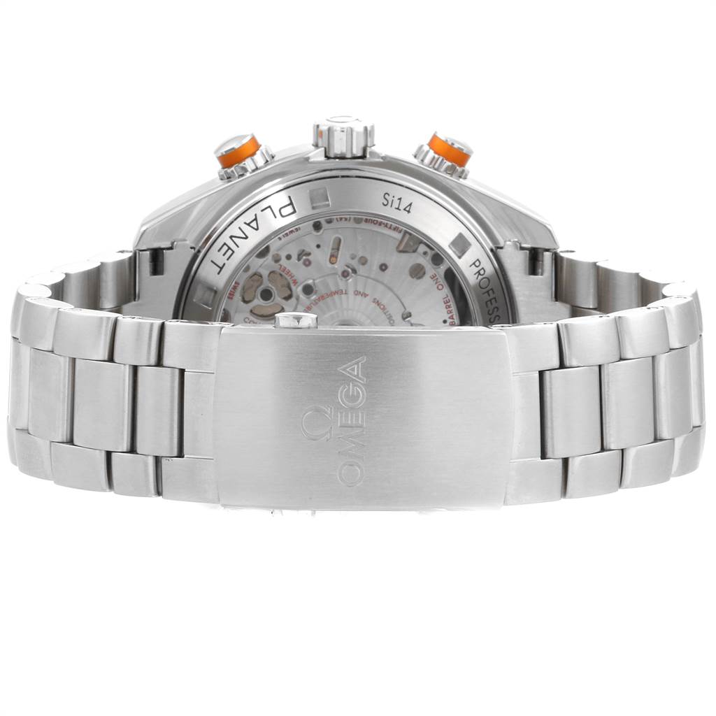 The image shows the back view of an Omega Planet Ocean 232.30.46.51.01.002 Men
s Stainless Steel Black Dial 232.30.46.51.01.002 Men
s Stainless Steel Black Dial watch, highlighting its metal bracelet and see-through case back.