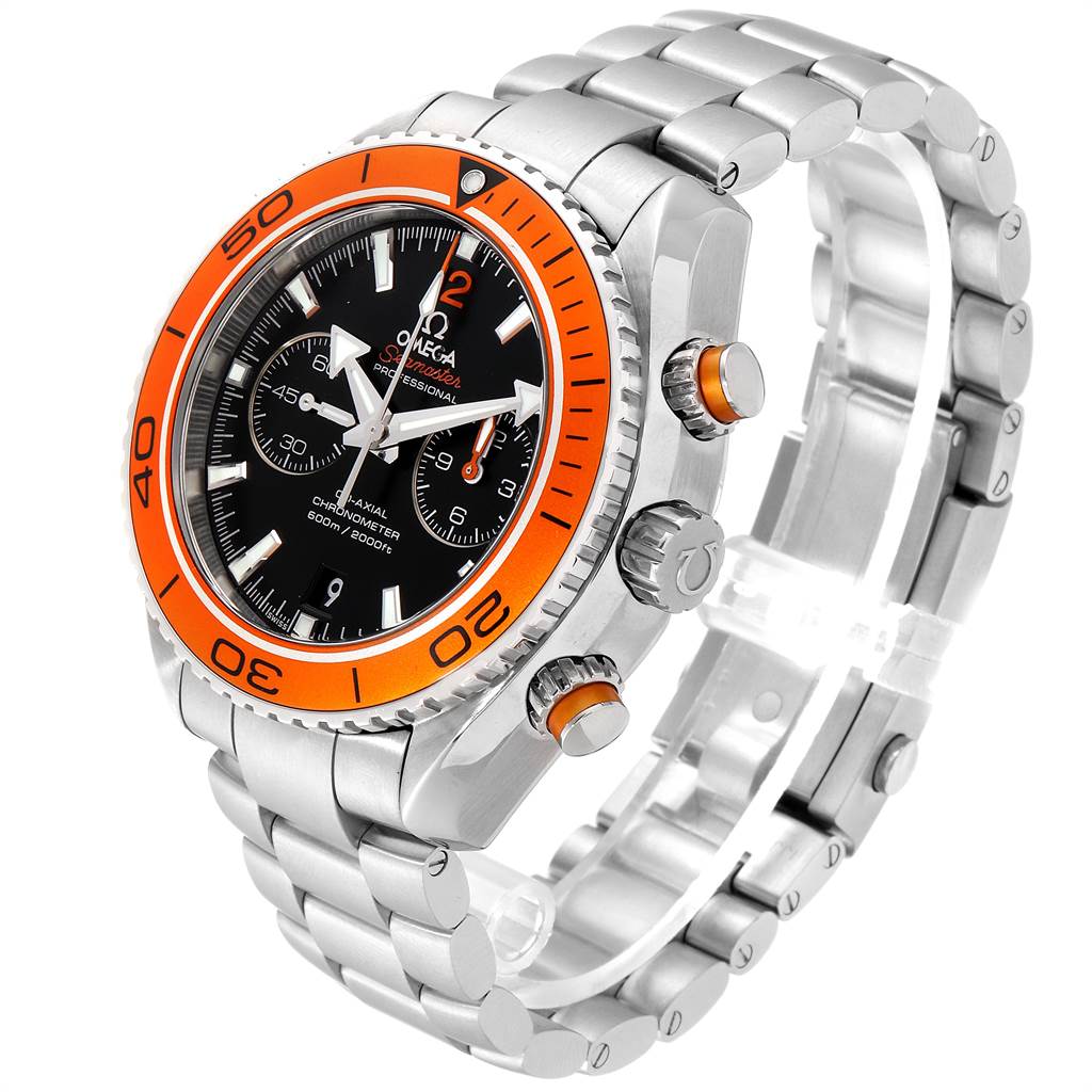 The image shows an angled side view of the Omega Planet Ocean 232.30.46.51.01.002 Men
s Stainless Steel Black Dial 232.30.46.51.01.002 Men
s Stainless Steel Black Dial watch, highlighting the bezel, crown, and chronograph buttons.