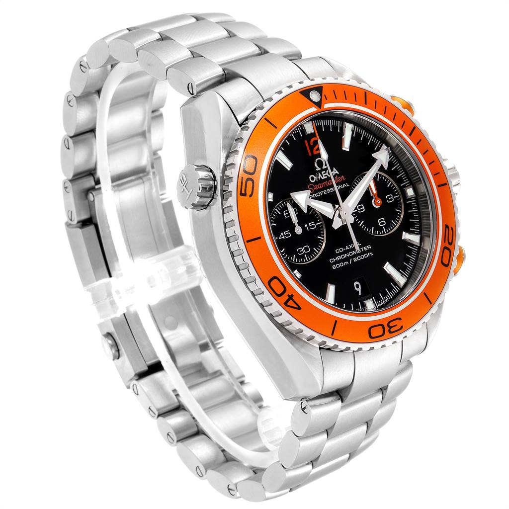 The image shows an Omega Planet Ocean 232.30.46.51.01.002 Men
s Stainless Steel Black Dial 232.30.46.51.01.002 Men
s Stainless Steel Black Dial watch at a slight angle, highlighting the orange bezel and stainless steel bracelet.