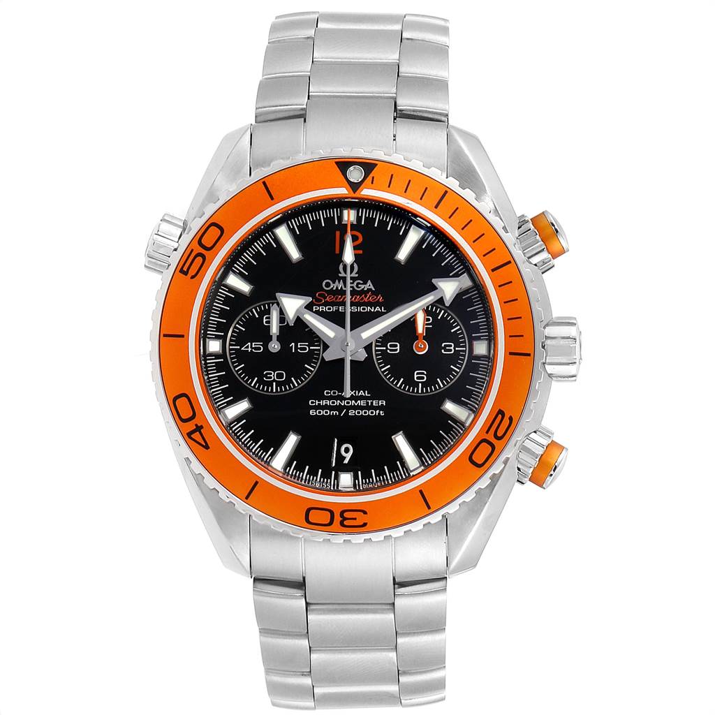 The image shows a front view of the Omega Planet Ocean 232.30.46.51.01.002 Men
s Stainless Steel Black Dial 232.30.46.51.01.002 Men
s Stainless Steel Black Dial model watch, highlighting the orange bezel, chronograph dials, and metallic strap.