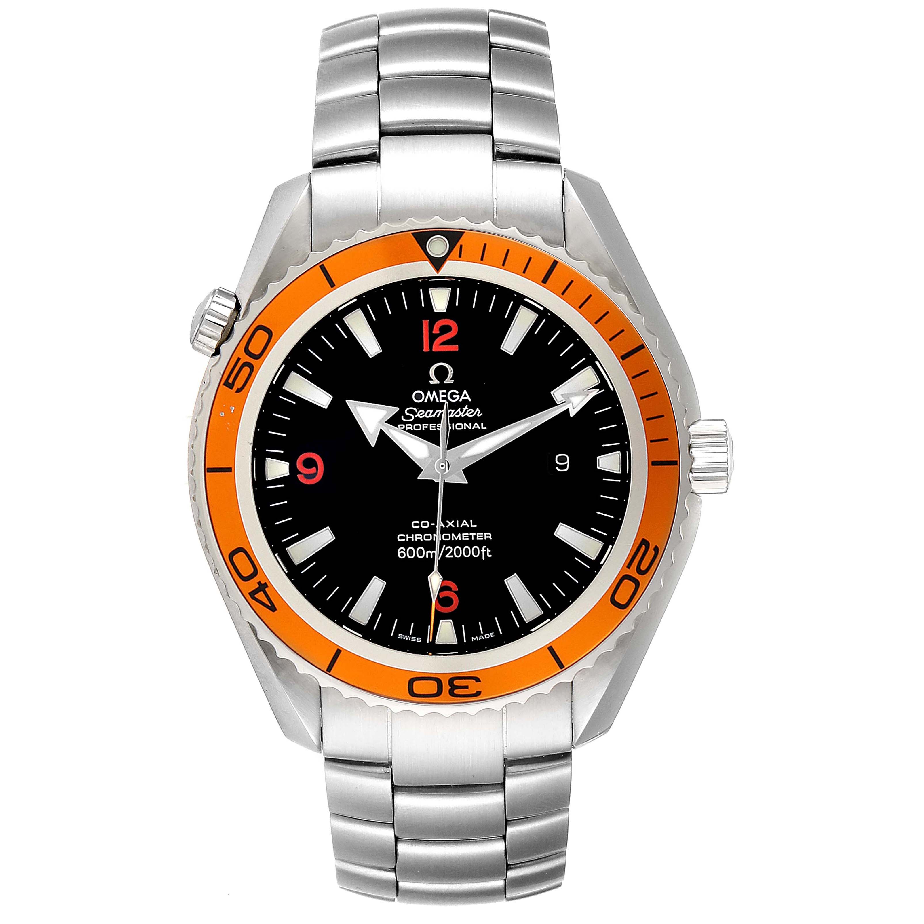 The image shows the Omega Planet Ocean 2208.50.00 Men
s Stainless Steel Black Dial 2208.50.00 Men
s Stainless Steel Black Dial model watch from the front, featuring a stainless steel bracelet and an orange bezel.