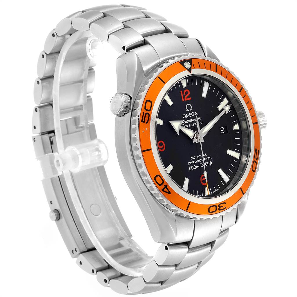 The Omega Planet Ocean 2208.50.00 Men
s Stainless Steel Black Dial 2208.50.00 Men
s Stainless Steel Black Dial watch is shown at a three-quarter angle, displaying the dial, bezel, crown, and stainless steel bracelet.