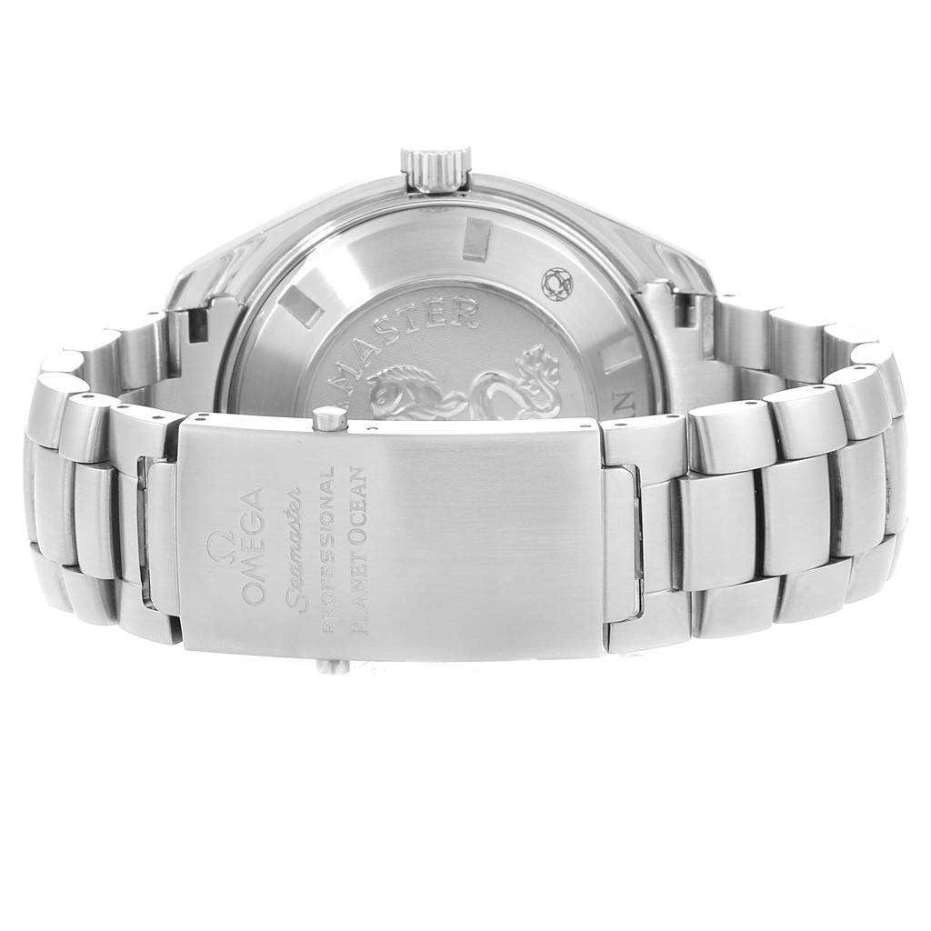 The image shows the back of an Omega Planet Ocean 2208.50.00 Men
s Stainless Steel Black Dial 2208.50.00 Men
s Stainless Steel Black Dial watch, highlighting the case back and metal bracelet with the clasp.