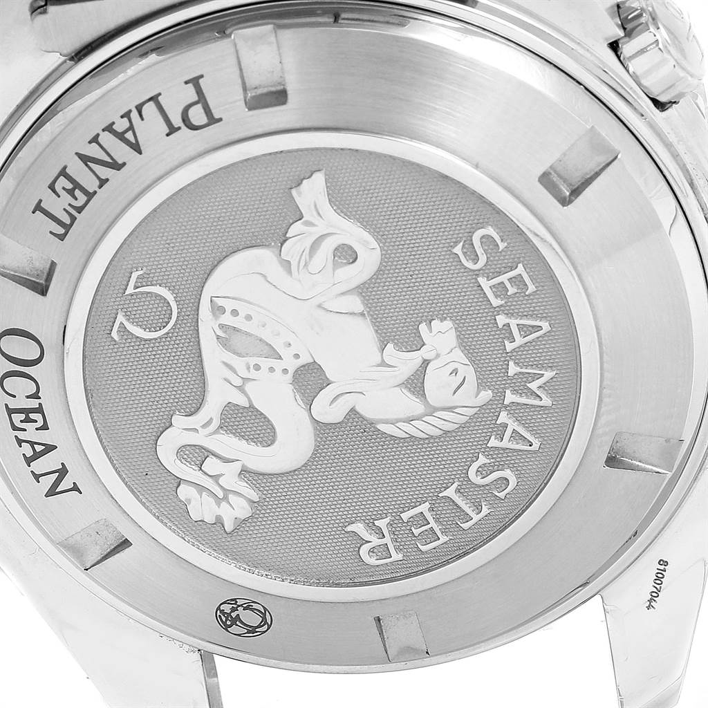 The image shows the case back of the Omega Planet Ocean 2208.50.00 Men
s Stainless Steel Black Dial 2208.50.00 Men
s Stainless Steel Black Dial watch, featuring the Seamaster engraving and the Omega logo.