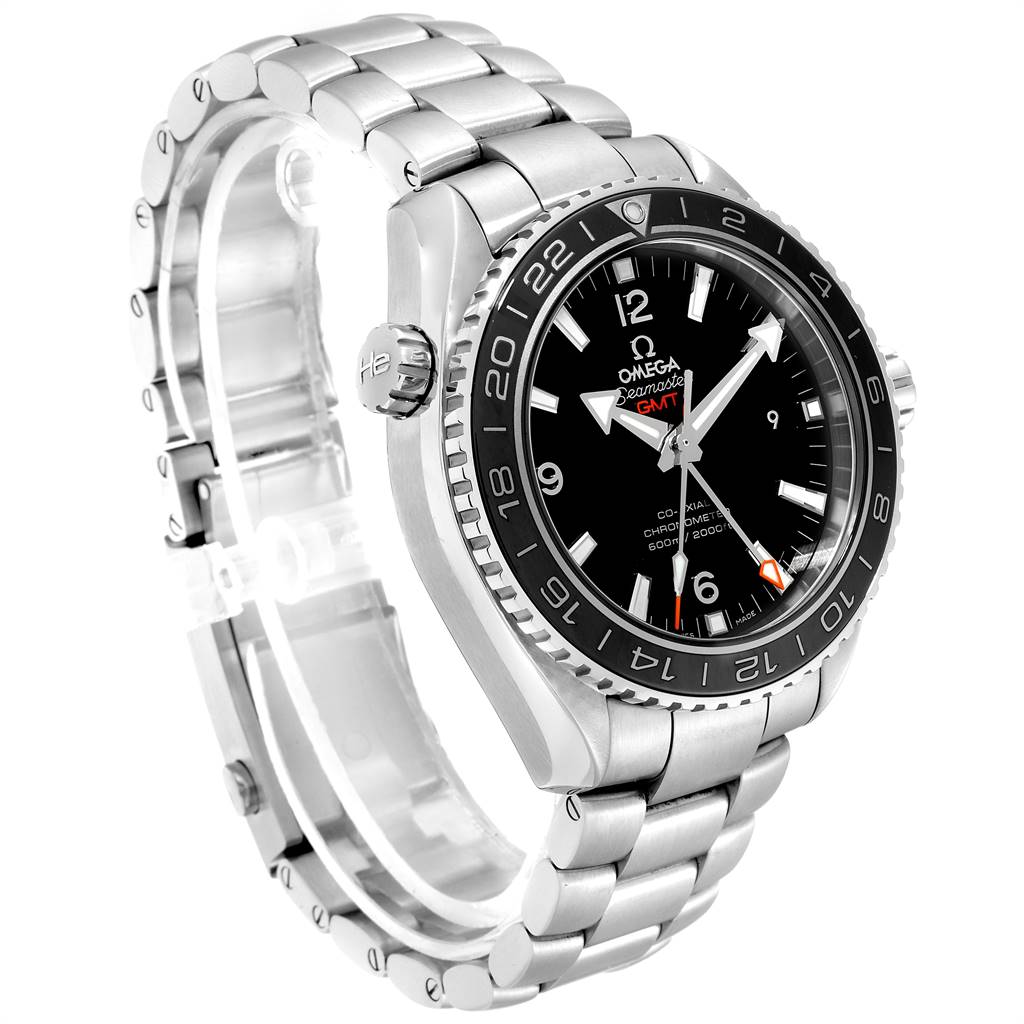 The Omega Planet Ocean 232.30.44.22.01.001 Men
s Stainless Steel Black Dial 232.30.44.22.01.001 Men
s Stainless Steel Black Dial model watch is shown at an angle highlighting the face, bezel, and stainless steel bracelet.