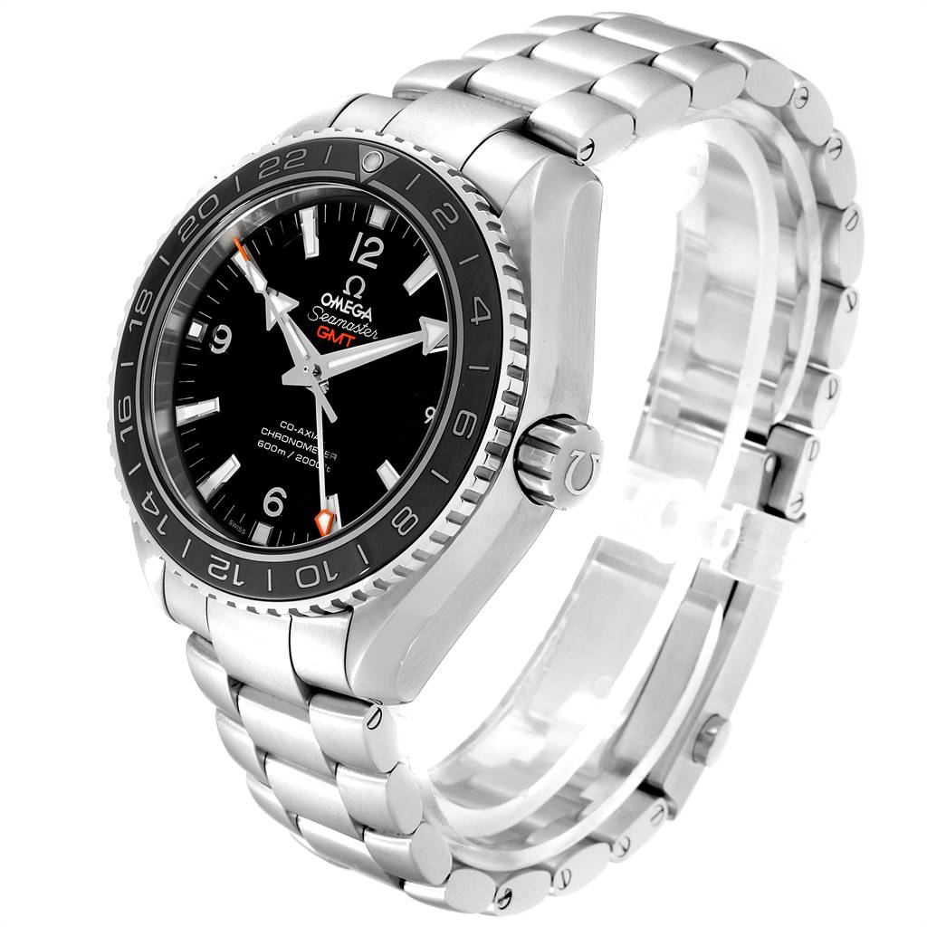 The Omega Planet Ocean 232.30.44.22.01.001 Men
s Stainless Steel Black Dial 232.30.44.22.01.001 Men
s Stainless Steel Black Dial watch is shown at a three-quarter angle, highlighting the face, bezel, and stainless steel bracelet.