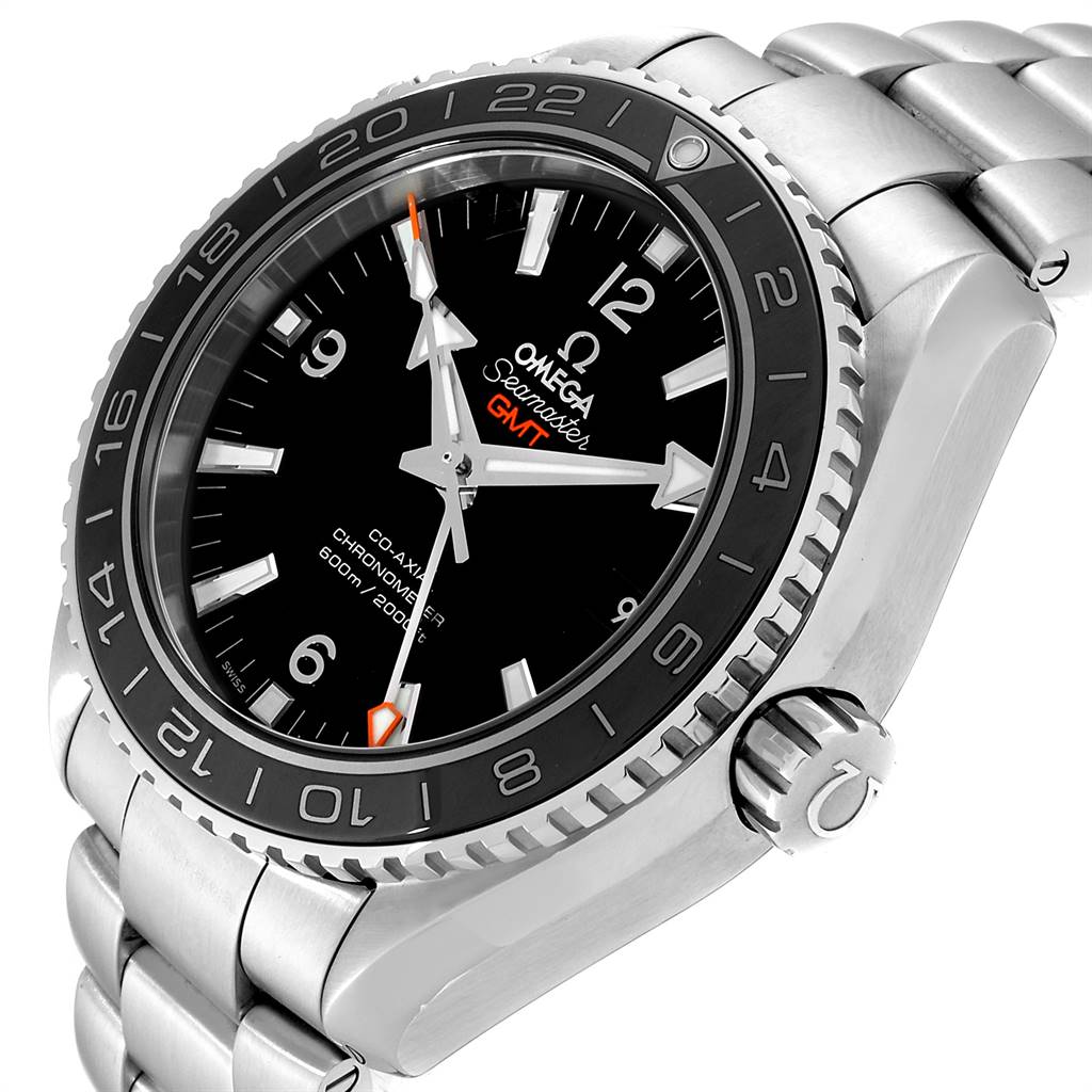 This image shows a close-up of the Omega Planet Ocean 232.30.44.22.01.001 Men
s Stainless Steel Black Dial 232.30.44.22.01.001 Men
s Stainless Steel Black Dial watch, featuring its face, bezel, crown, and part of the metal bracelet.