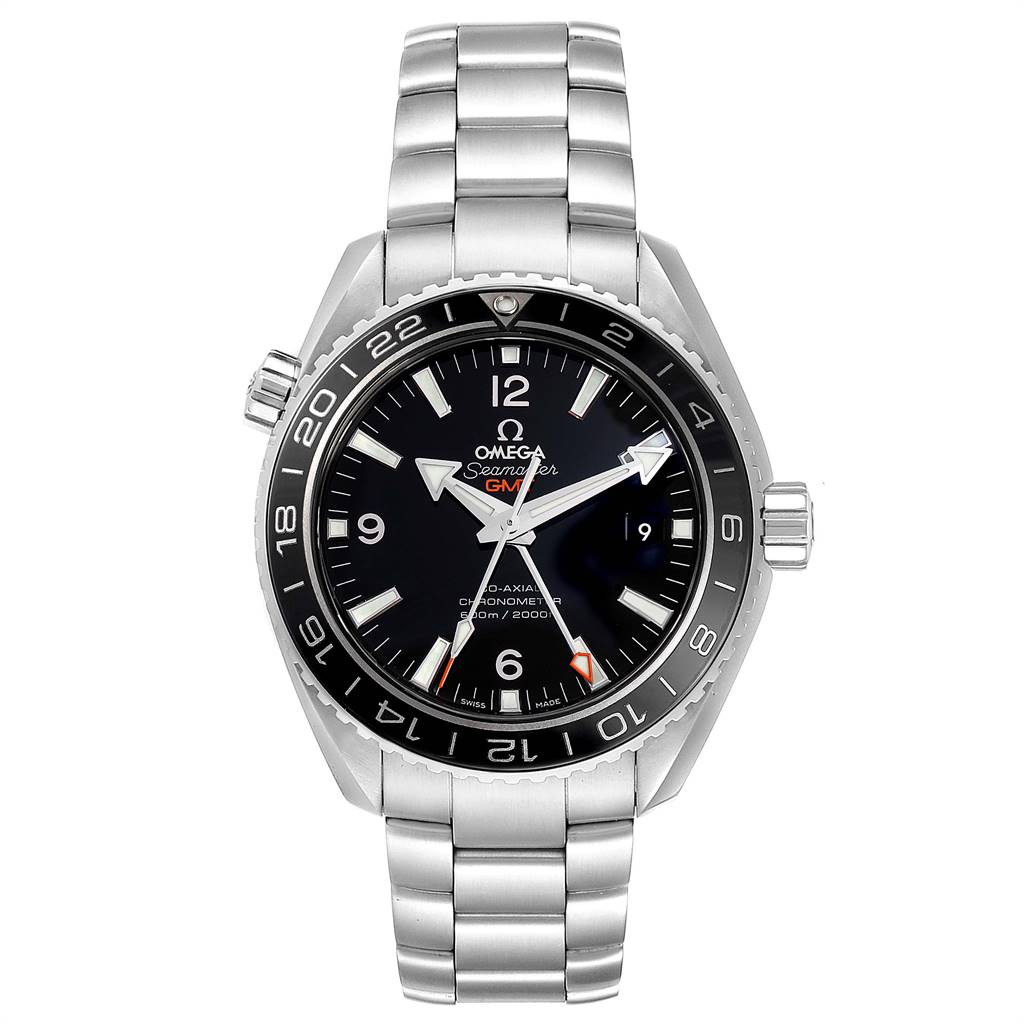 The image shows a front view of the Omega Planet Ocean 232.30.44.22.01.001 Men
s Stainless Steel Black Dial 232.30.44.22.01.001 Men
s Stainless Steel Black Dial watch, displaying its black dial, silver bezel, and stainless steel bracelet.