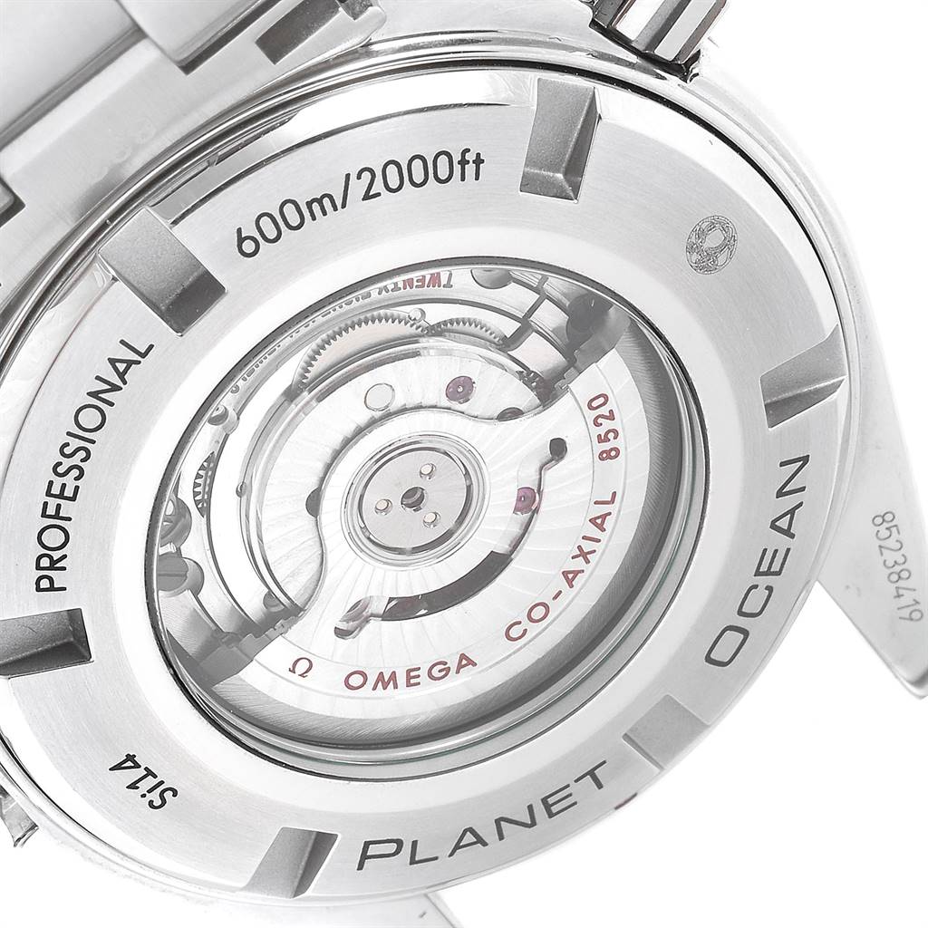 This is an angled view showing the back case and movement of the Omega Planet Ocean 232.30.42.21.01.003 Men
s Stainless Steel Black Dial 232.30.42.21.01.003 Men
s Stainless Steel Black Dial watch.