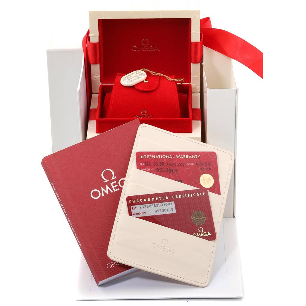 The image shows the packaging, warranty cards, and certificates for the Omega Planet Ocean 232.30.42.21.01.003 Men
s Stainless Steel Black Dial 232.30.42.21.01.003 Men
s Stainless Steel Black Dial watch.