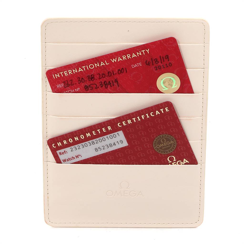 The image shows the warranty and chronometer certificate cards for the Omega Planet Ocean 232.30.42.21.01.003 Men
s Stainless Steel Black Dial 232.30.42.21.01.003 Men
s Stainless Steel Black Dial watch in a cardholder.