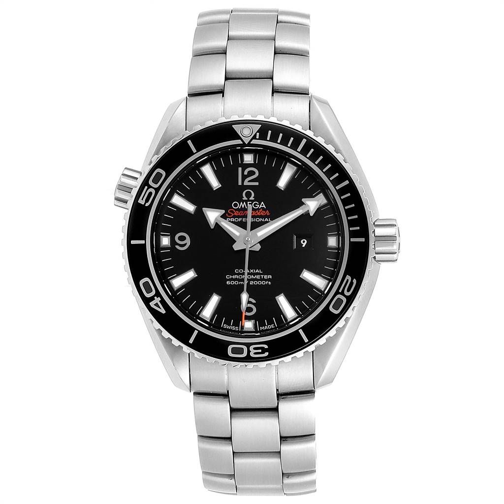 The image shows a front view of the Omega Planet Ocean 232.30.42.21.01.003 Men
s Stainless Steel Black Dial 232.30.42.21.01.003 Men
s Stainless Steel Black Dial watch, featuring its stainless steel case and bracelet.