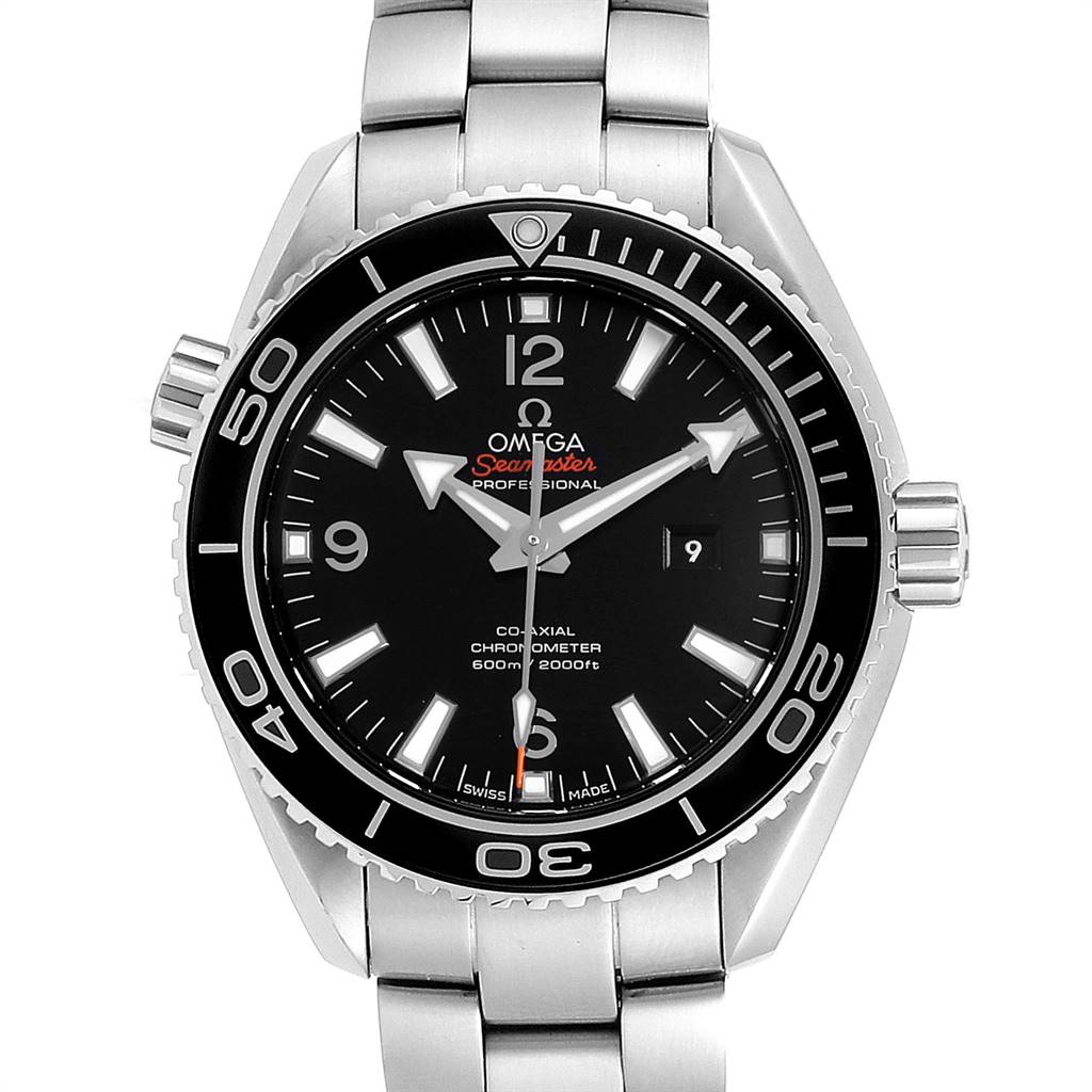 The image shows a frontal view of the Omega Planet Ocean 232.30.42.21.01.003 Men
s Stainless Steel Black Dial 232.30.42.21.01.003 Men
s Stainless Steel Black Dial watch, highlighting its black dial, bezel, and stainless steel bracelet.