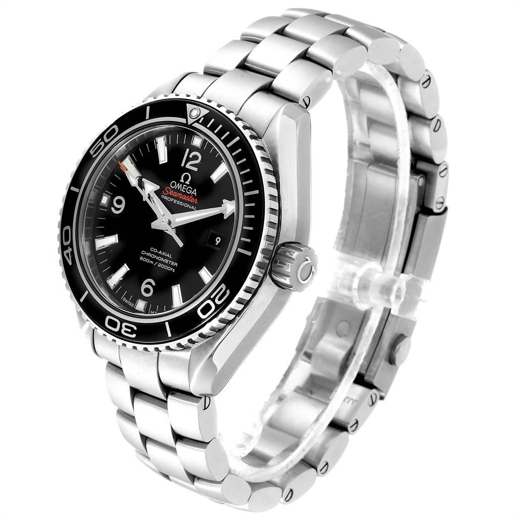 The image shows an Omega Planet Ocean 232.30.42.21.01.003 Men
s Stainless Steel Black Dial 232.30.42.21.01.003 Men
s Stainless Steel Black Dial watch at a three-quarter angle, highlighting the dial, bezel, crown, and metal bracelet.