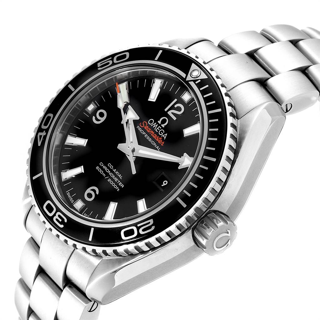 This Omega Planet Ocean 232.30.42.21.01.003 Men
s Stainless Steel Black Dial 232.30.42.21.01.003 Men
s Stainless Steel Black Dial watch is shown at an angled side view, displaying the face, bezel, crown, and steel bracelet.