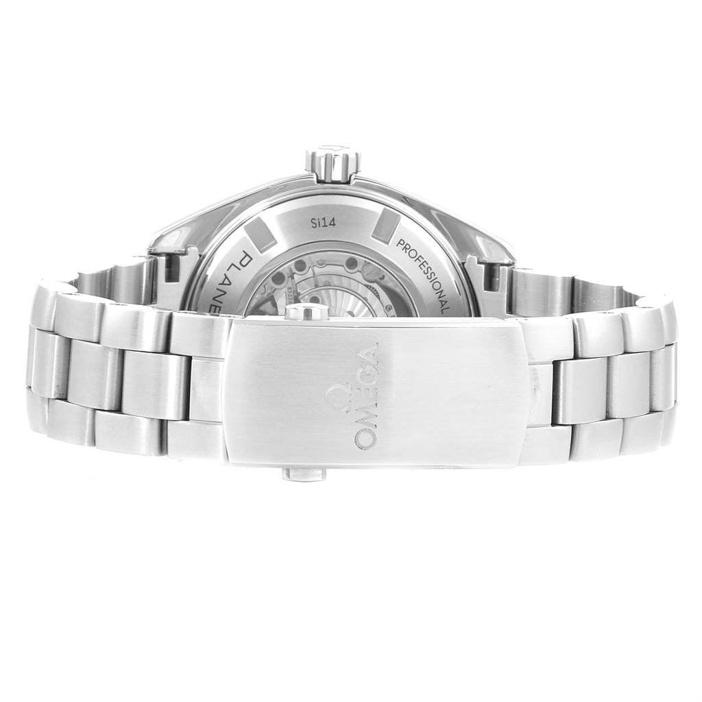 The image shows the back view of the Omega Planet Ocean 232.30.42.21.01.003 Men
s Stainless Steel Black Dial 232.30.42.21.01.003 Men
s Stainless Steel Black Dial watch, highlighting its case back and metal bracelet clasp.