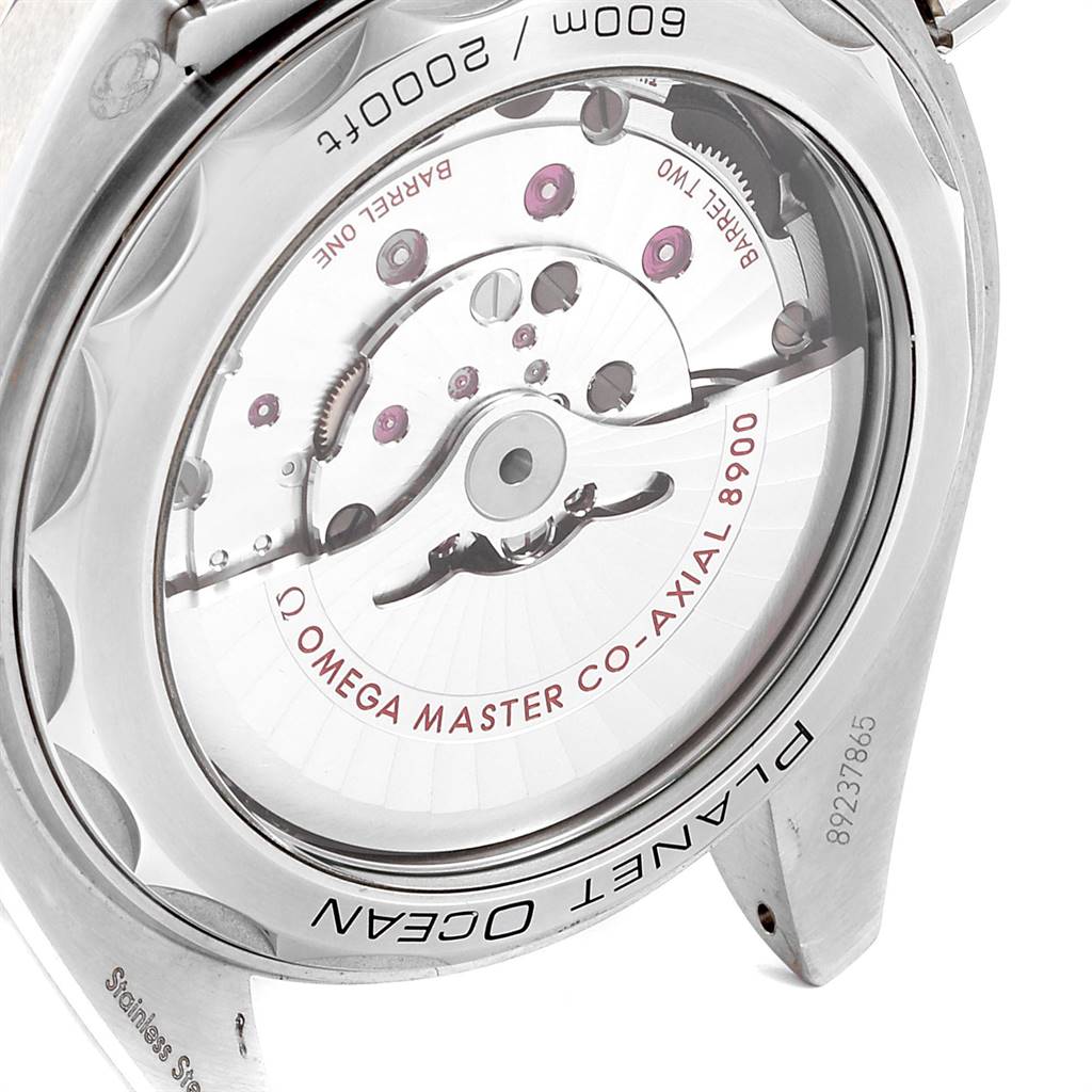 The image shows the back of the Omega Planet Ocean 215.30.44.21.01.002 Men
s Stainless Steel Black Dial 215.30.44.21.01.002 Men
s Stainless Steel Black Dial watch, highlighting the Omega Master Co-Axial 8900 movement.