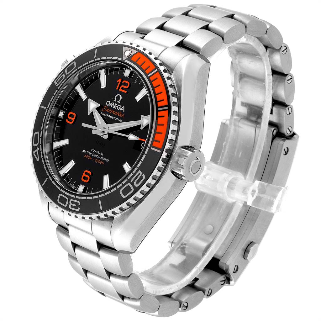 The image shows an angled view of the Omega Planet Ocean 215.30.44.21.01.002 Men
s Stainless Steel Black Dial 215.30.44.21.01.002 Men
s Stainless Steel Black Dial watch, highlighting its bezel, face, crown, and metal bracelet.