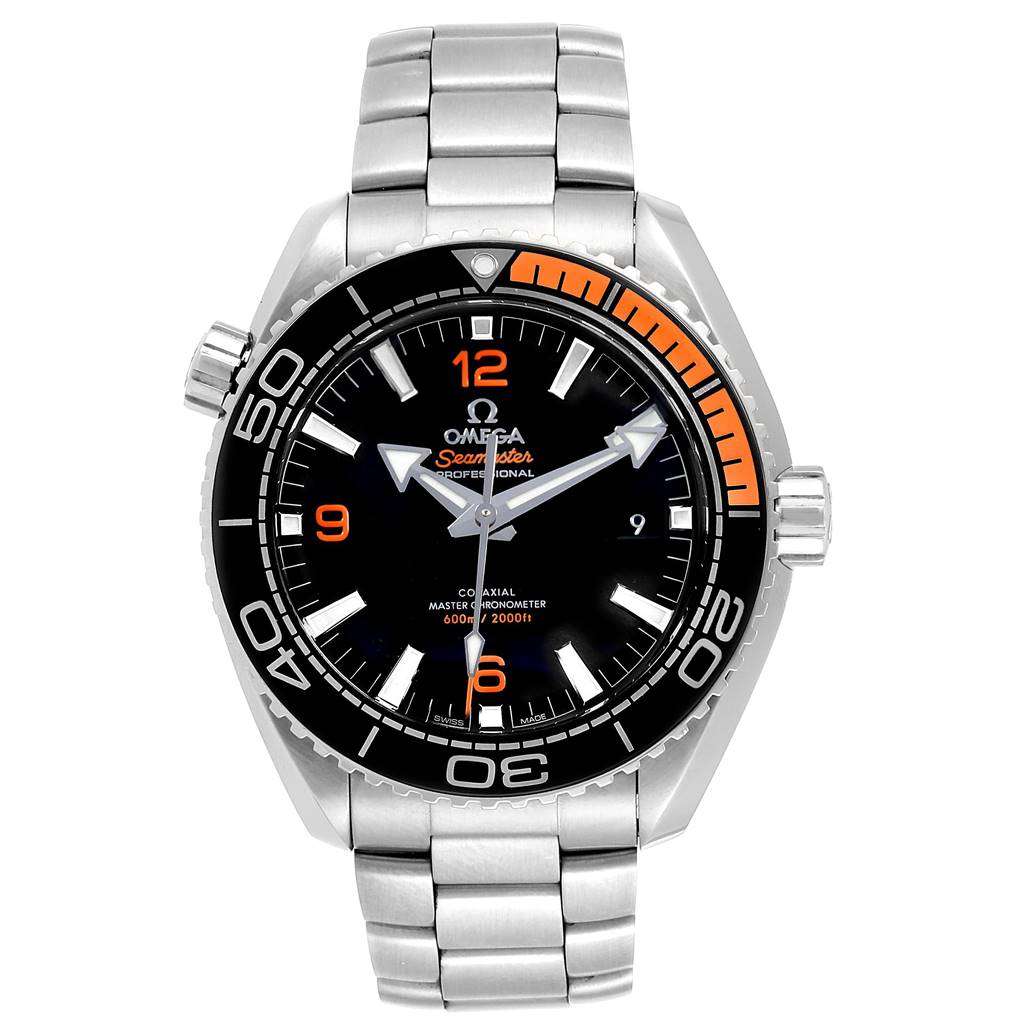 The Omega Planet Ocean 215.30.44.21.01.002 Men
s Stainless Steel Black Dial 215.30.44.21.01.002 Men
s Stainless Steel Black Dial watch is shown from a front angle, highlighting its face, bezel, and metal bracelet.