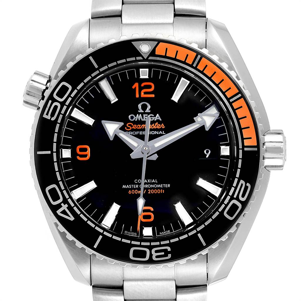 This image shows a front view of the Omega Planet Ocean 215.30.44.21.01.002 Men
s Stainless Steel Black Dial 215.30.44.21.01.002 Men
s Stainless Steel Black Dial Seamaster, displaying the entire watch face and metal strap.