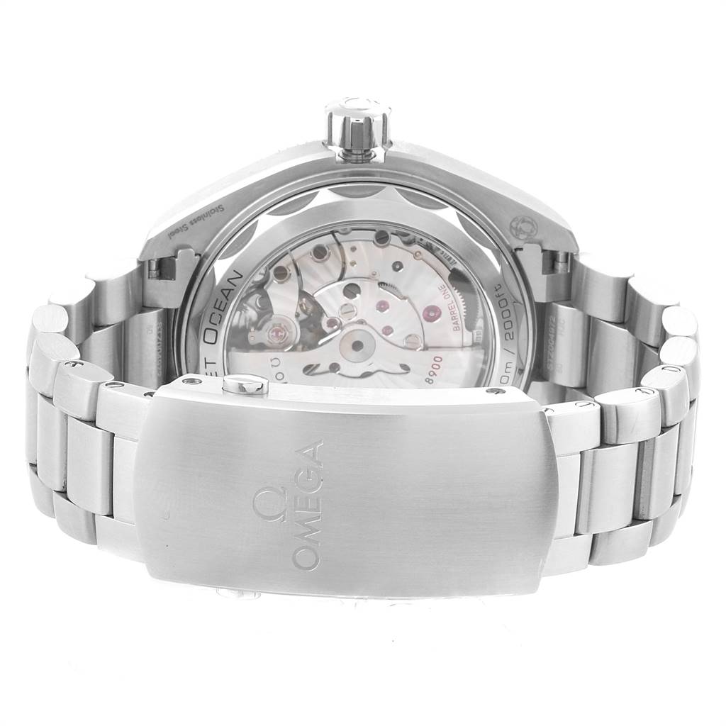 The image shows the case back and bracelet clasp of the Omega Planet Ocean 215.30.44.21.01.002 Men
s Stainless Steel Black Dial 215.30.44.21.01.002 Men
s Stainless Steel Black Dial watch.