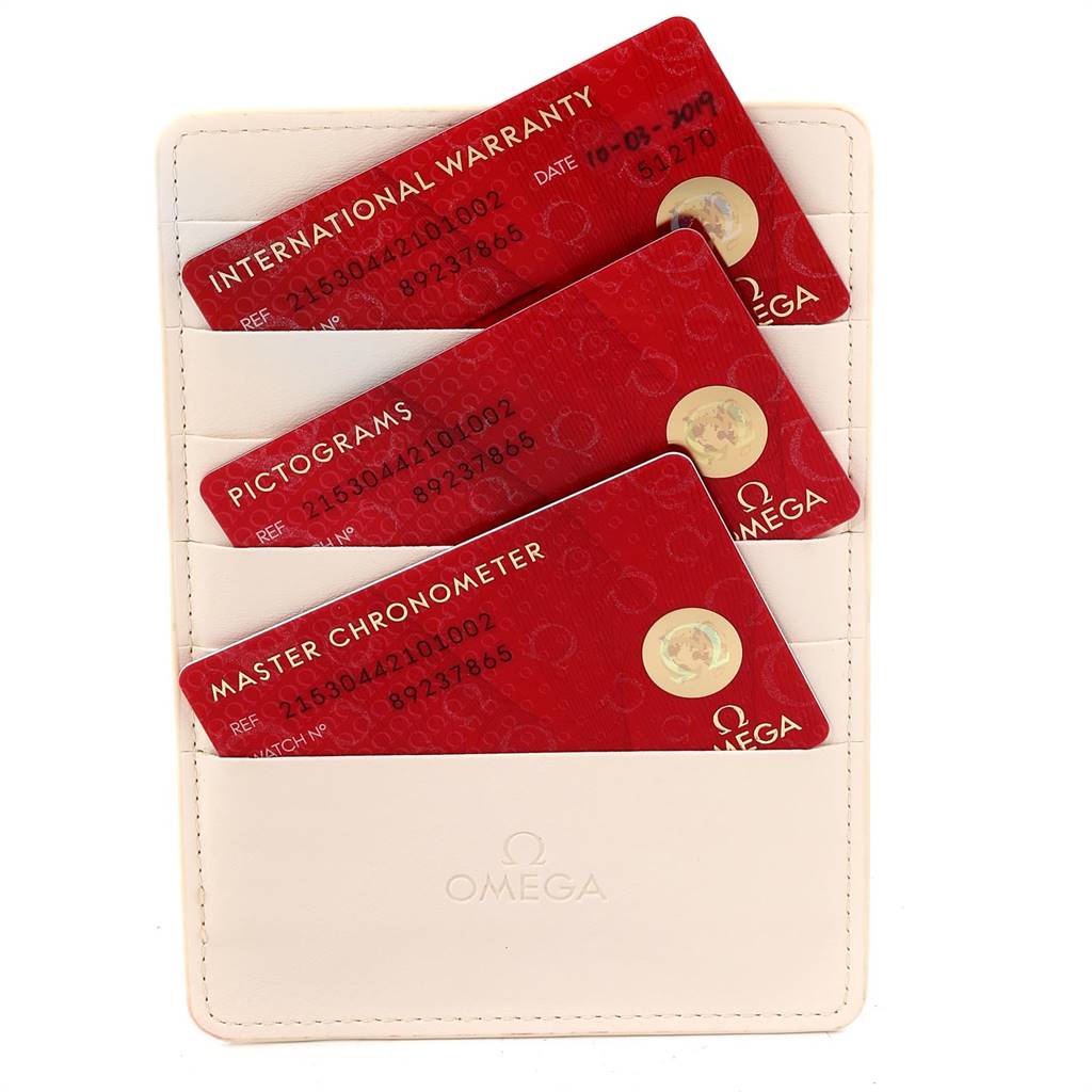 The image shows Omega Planet Ocean 215.30.44.21.01.002 Men
s Stainless Steel Black Dial 215.30.44.21.01.002 Men
s Stainless Steel Black Dial
s international warranty, pictograms, and master chronometer cards in a white cardholder.