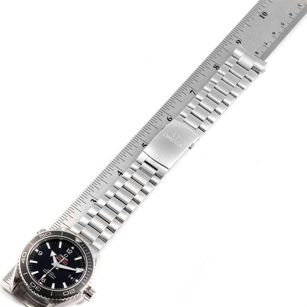 The image shows a top view of the Omega Planet Ocean 232.30.46.21.01.001 Men
s Stainless Steel Black Dial 232.30.46.21.01.001 Men
s Stainless Steel Black Dial watch, including the face, bezel, and stainless steel bracelet with clasp.