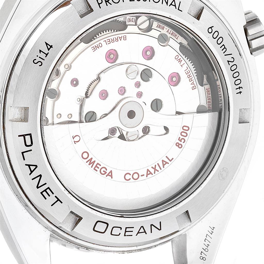This image shows the back of the Omega Planet Ocean 232.30.46.21.01.001 Men
s Stainless Steel Black Dial 232.30.46.21.01.001 Men
s Stainless Steel Black Dial watch, highlighting its exposed co-axial movement.