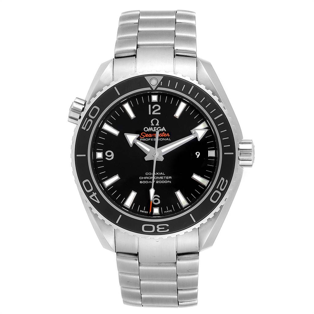 The image shows a front view of the Omega Planet Ocean 232.30.46.21.01.001 Men
s Stainless Steel Black Dial 232.30.46.21.01.001 Men
s Stainless Steel Black Dial watch, highlighting its black dial, bezel, and silver bracelet.