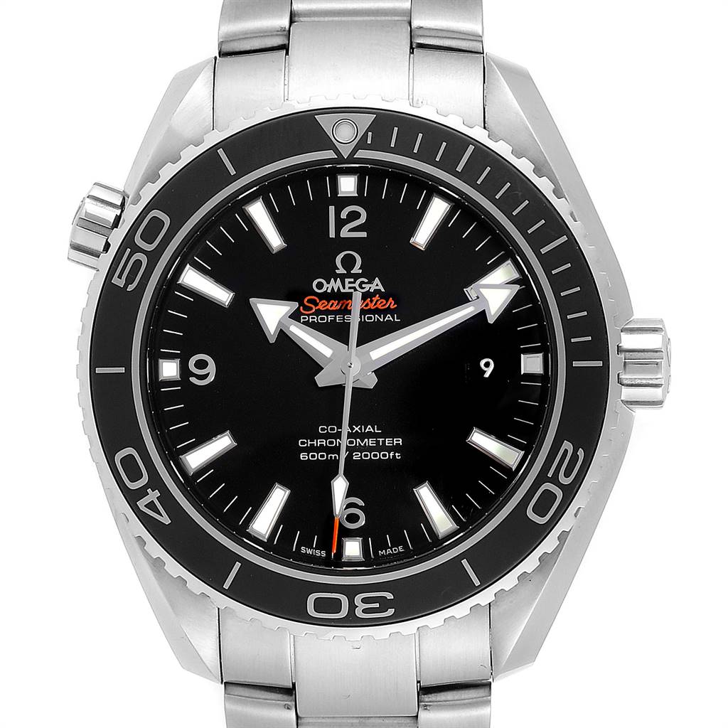The image shows a front view of an Omega Planet Ocean 232.30.46.21.01.001 Men
s Stainless Steel Black Dial 232.30.46.21.01.001 Men
s Stainless Steel Black Dial watch featuring its stainless steel case and bracelet, black dial, and bezel.